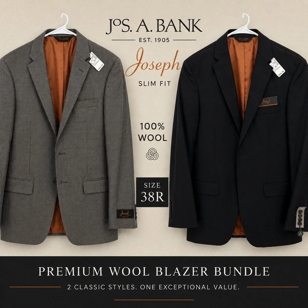Jos A Bank Joseph Slim Fit Wool‎ Blazer Bundle 38R Black Gray Check Sport Coat